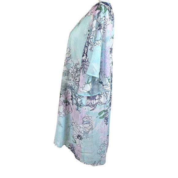 Harlow & Rose Cover Up Women XL Blue Pink Floral Maxi Sheer Coastal Open Kimono - Picture 3 of 12